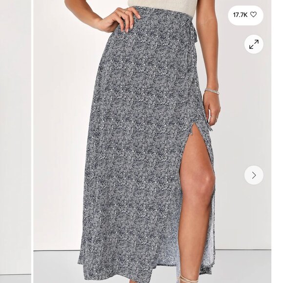 Lulus Navy Blue Print Wrap Maxi Skirt, Small - Picture 8 of 8